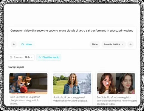 Descrivi la tua scena o carica un'immagine di riferimento