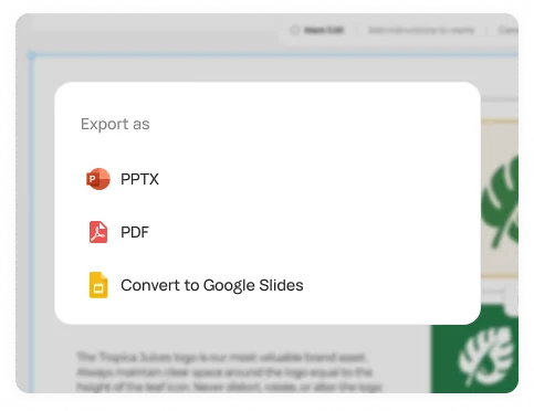 Export or present: PDF, PPTX, or a live link