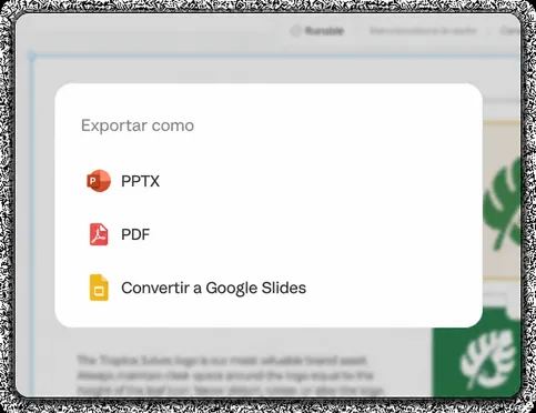 Exporta o presenta: PDF, PPTX o un enlace en vivo
