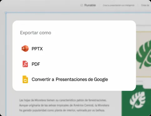 Exporta o presenta: PDF, PPTX o un enlace en vivo