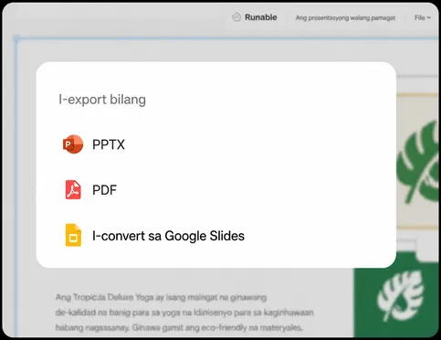 I-export o i-present: PDF, PPTX, o isang live link