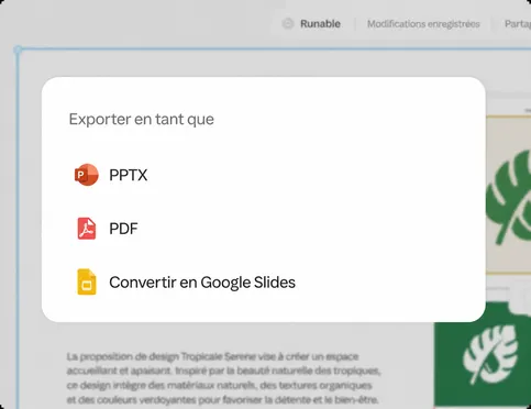 Exportez ou présentez : PDF, PPTX ou via un lien direct