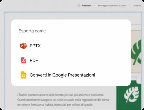 Esporta o presenta: PDF, PPTX o un link live