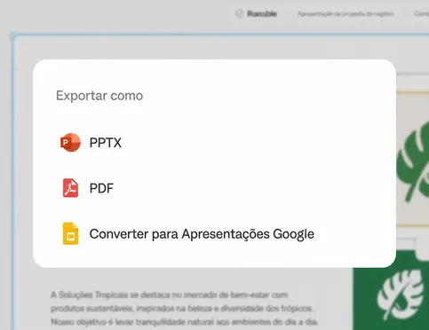 Exporte ou apresente: PDF, PPTX ou um link direto