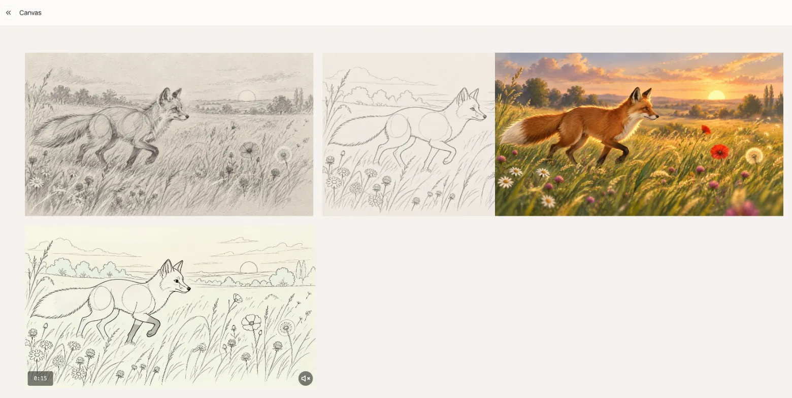 Runable canvas with sketch keyframes and the painted fox video made from them