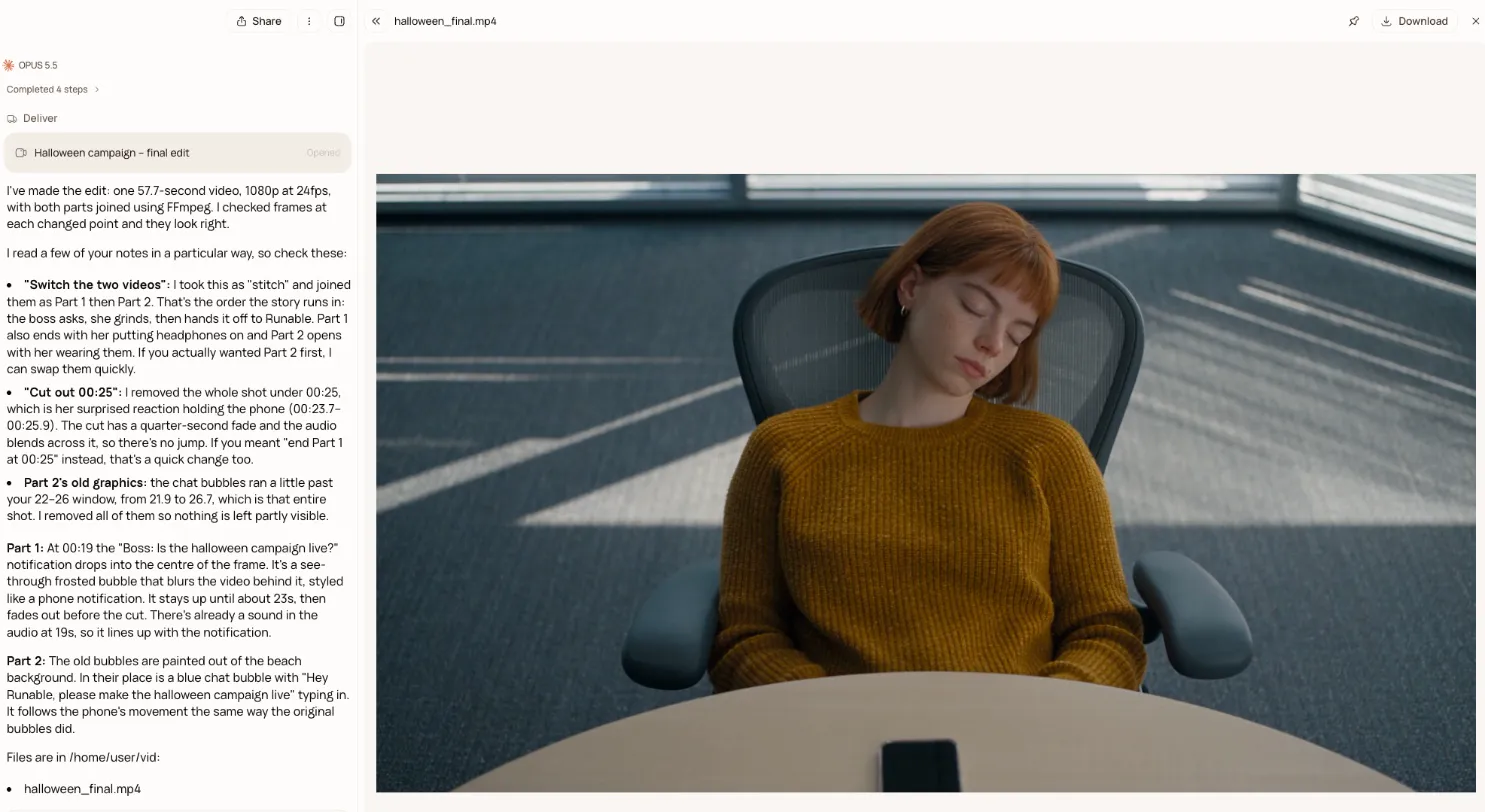 Runable chat applying edits to a Halloween campaign video, with the result open in the viewer