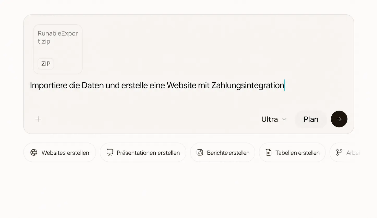 Der Runable-Composer mit Import-Prompt und angehängter ZIP-Datei