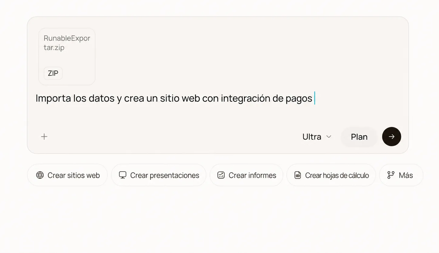 El editor de Runable con el prompt de importación y el ZIP adjunto