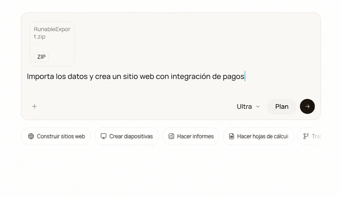 El compositor de Runable con el prompt de importación y el ZIP adjunto