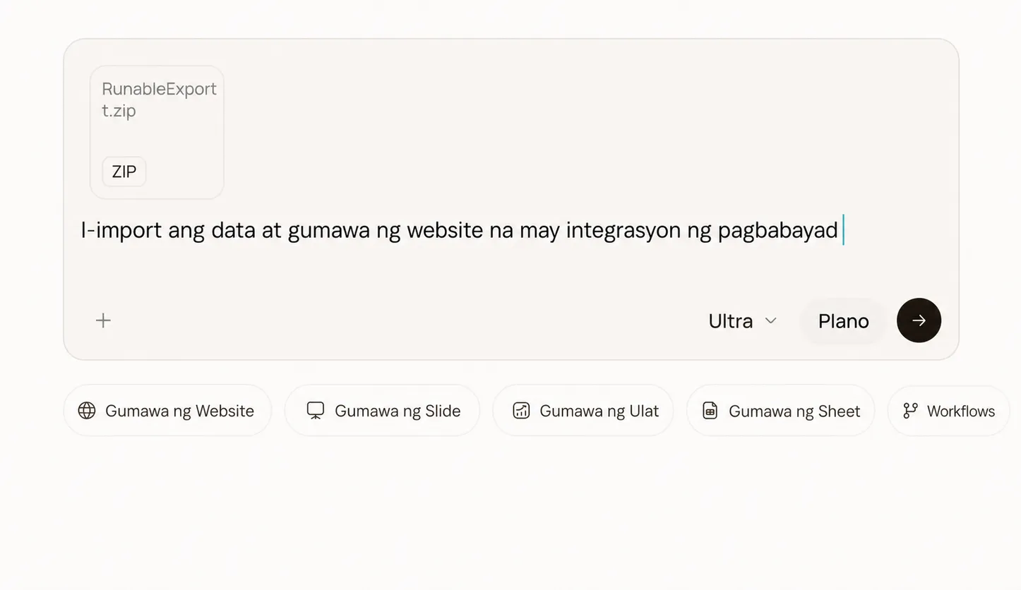 Ang Runable composer na may import prompt at kalakip na ZIP