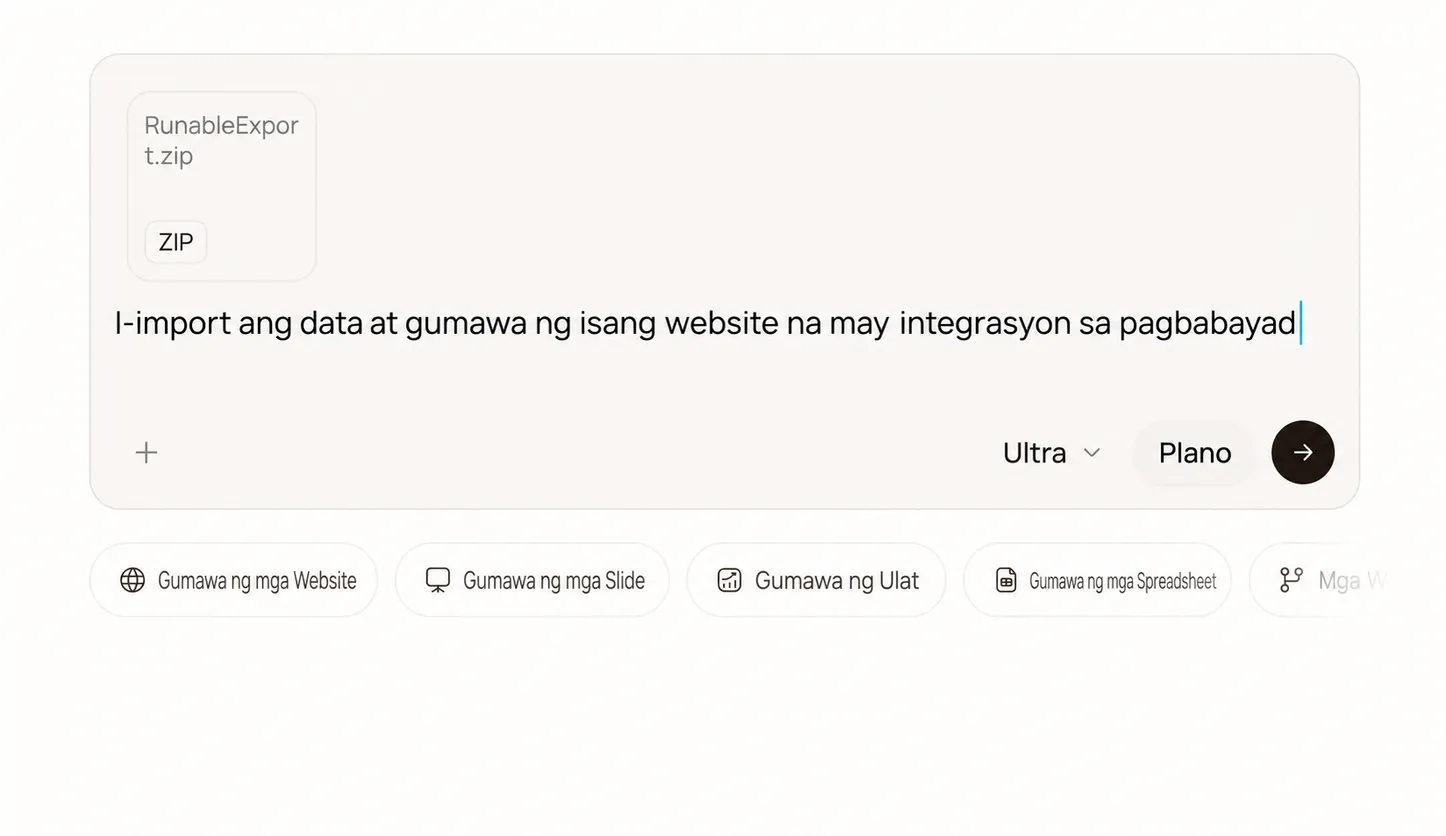 Ang Runable composer na may import prompt at nakalakip na ZIP