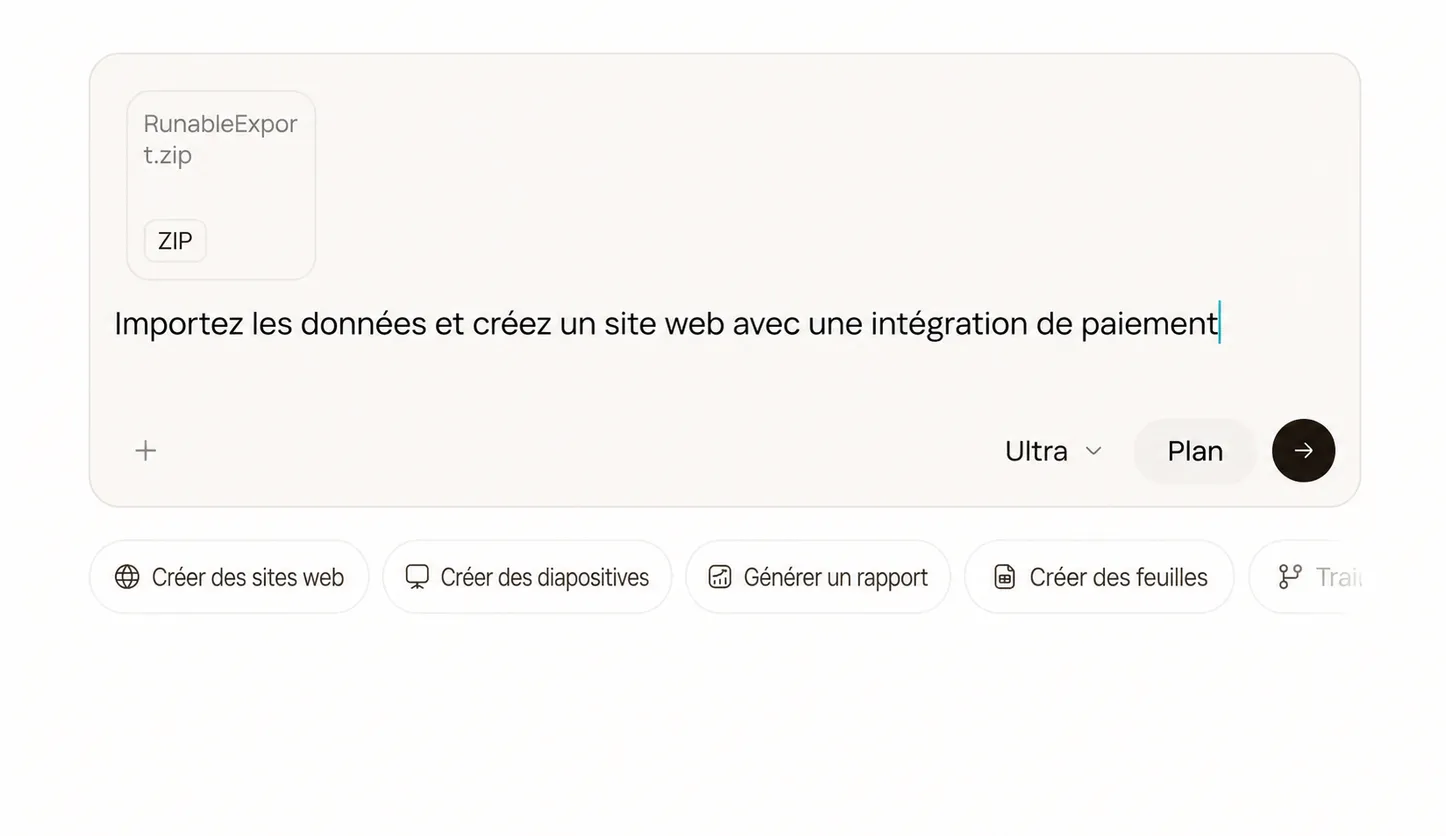 Le compositeur Runable avec le prompt d'importation et le ZIP joint
