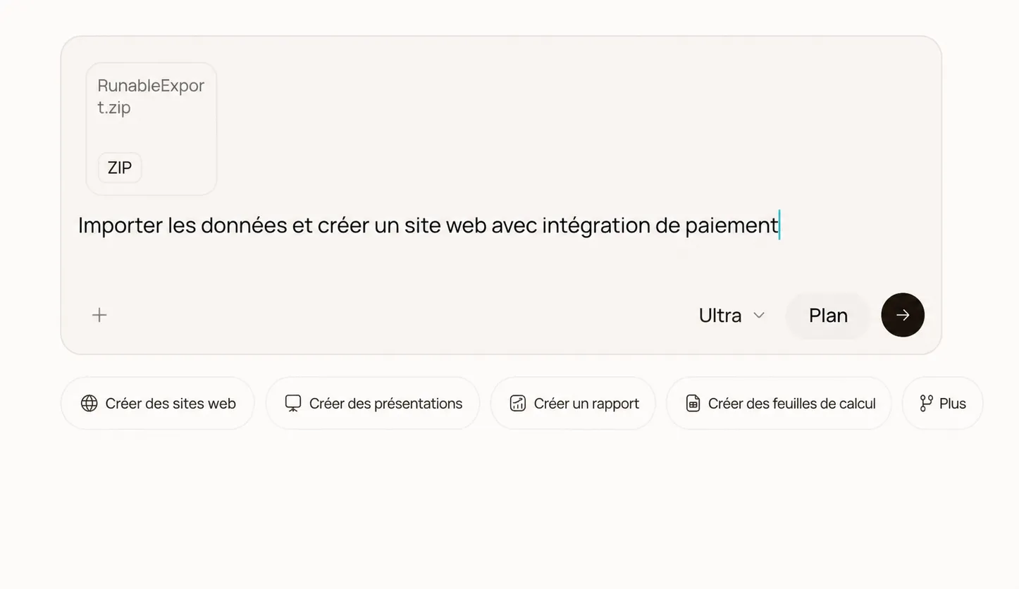 Le compositeur Runable avec l'invite d'importation et le ZIP joint