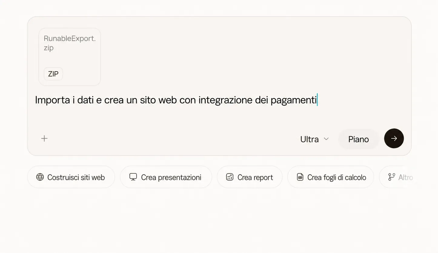 Il composer di Runable con il prompt di importazione e lo ZIP allegato
