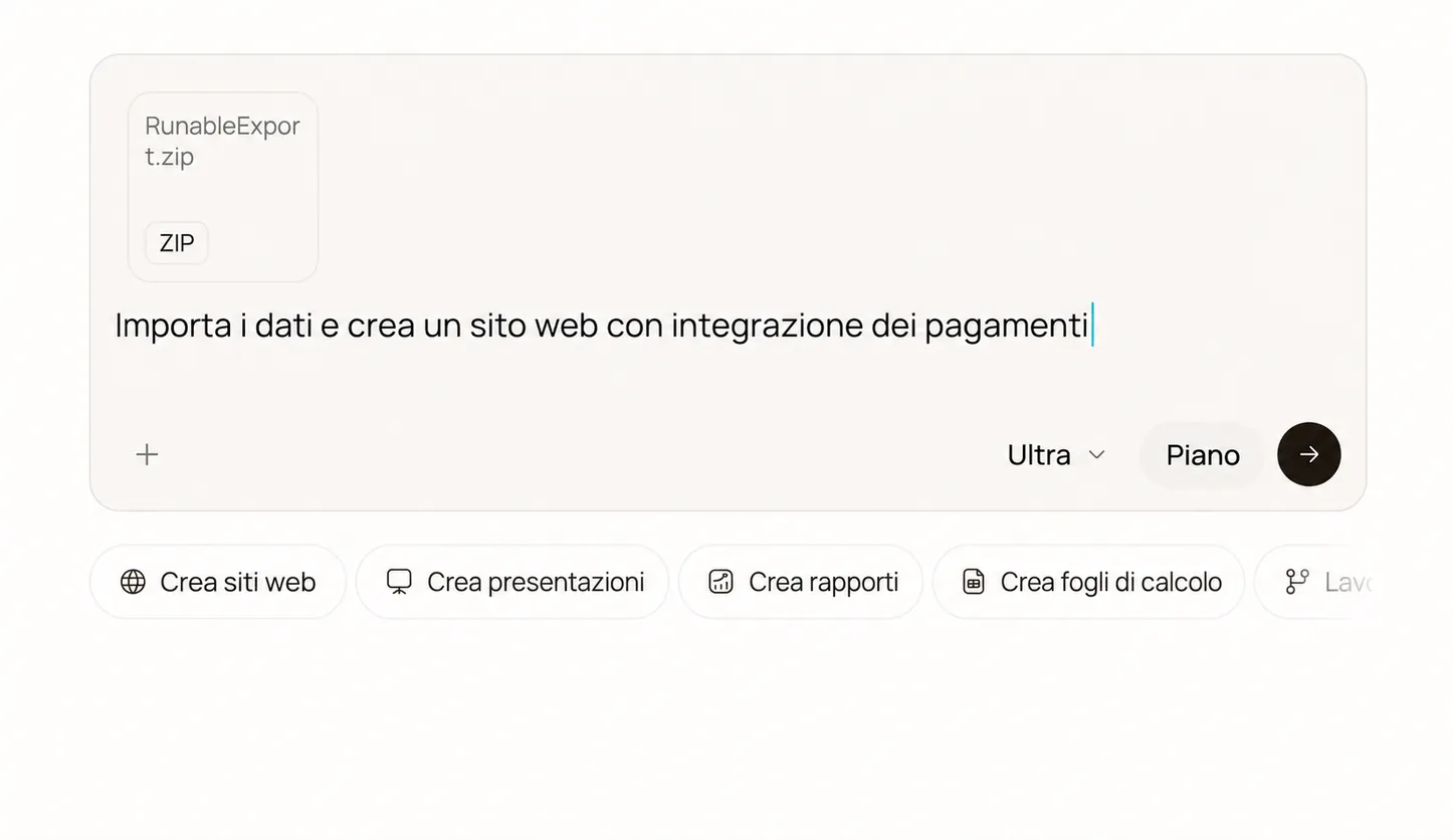 Il composer di Runable con il prompt di importazione e lo ZIP allegato
