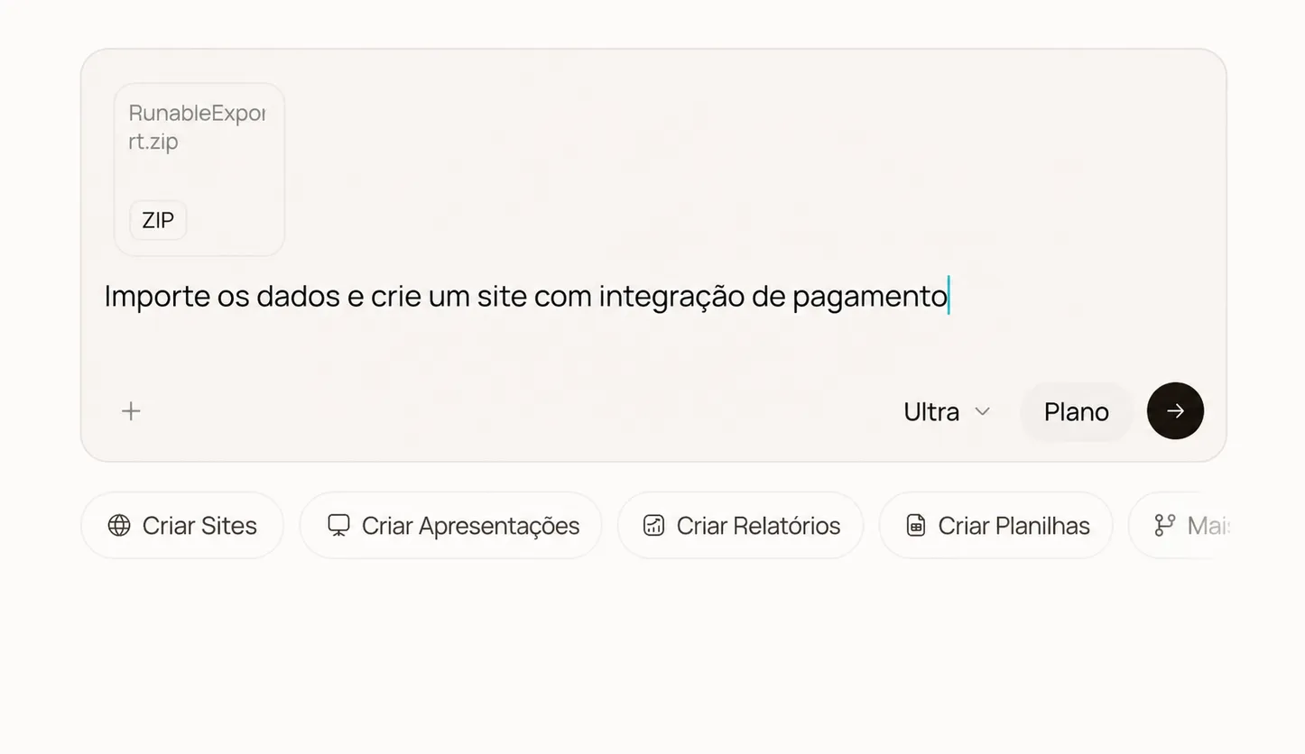 O compositor do Runable com o prompt de importação e o ZIP anexado