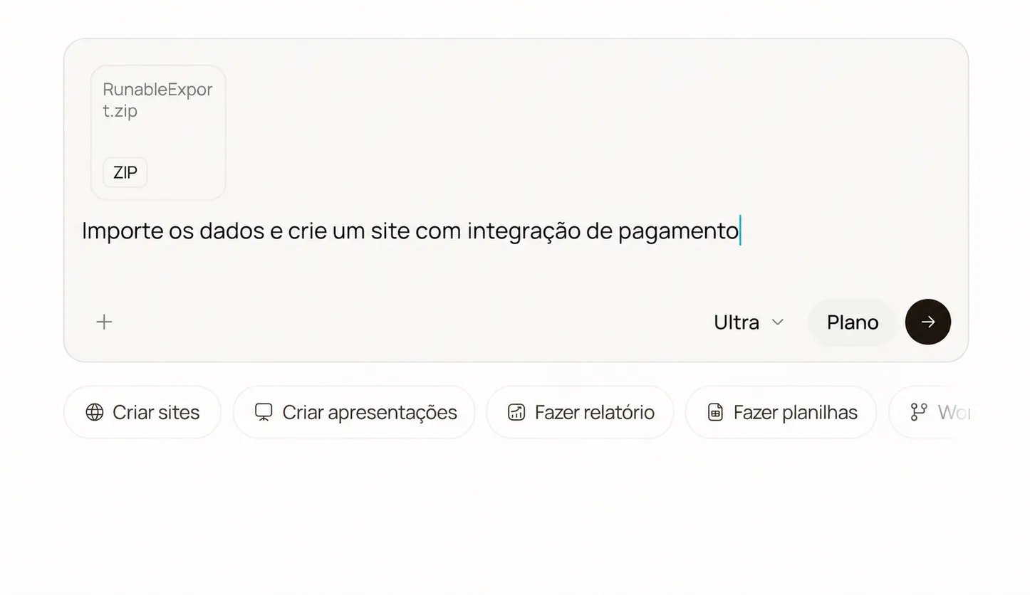 O editor do Runable com o prompt de importação e o ZIP anexado