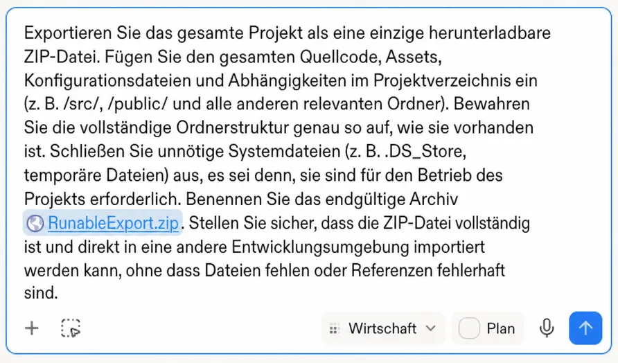 Der in den Chat der Plattform kopierte Export-Prompt