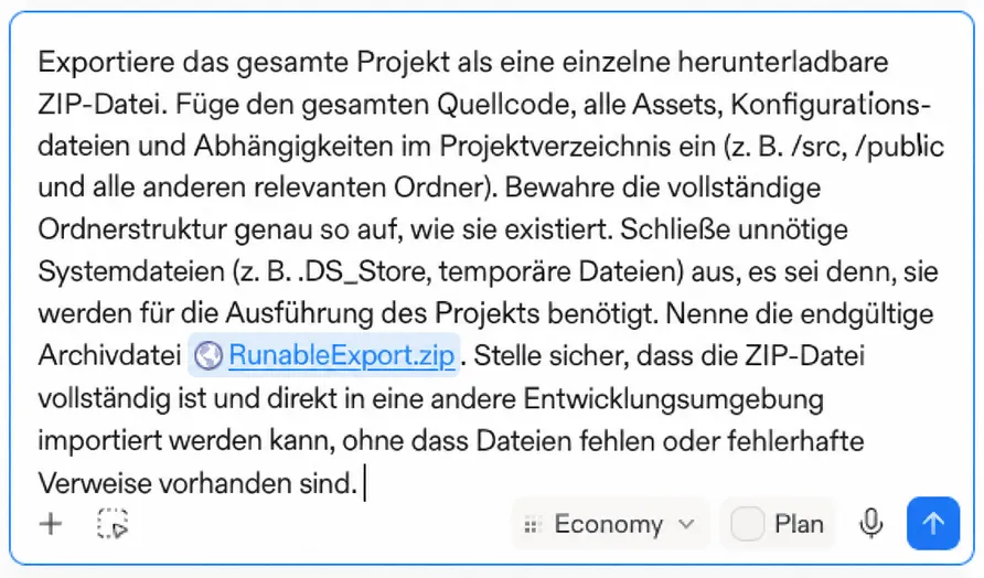 Der in den Chat der Plattform eingefügte Export-Prompt
