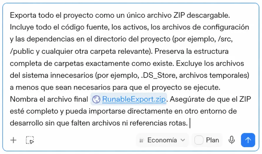 El prompt de exportación pegado en el chat de la plataforma
