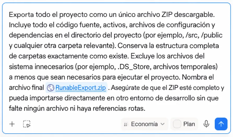 El prompt de exportación pegado en el chat de la plataforma