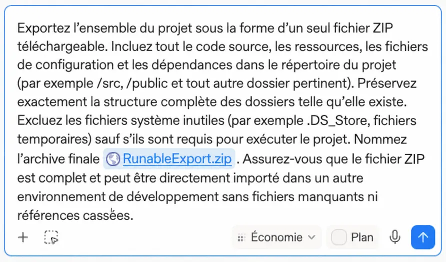 Le prompt d'exportation collé dans le chat de la plateforme