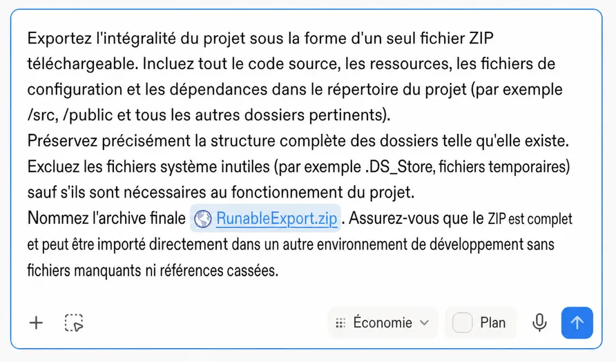 L'invite d'exportation collée dans le chat de la plateforme