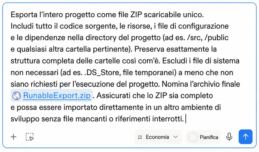 Il prompt di esportazione incollato nella chat della piattaforma