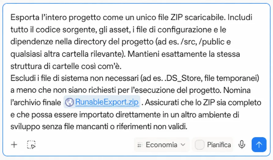 Il prompt di esportazione incollato nella chat della piattaforma