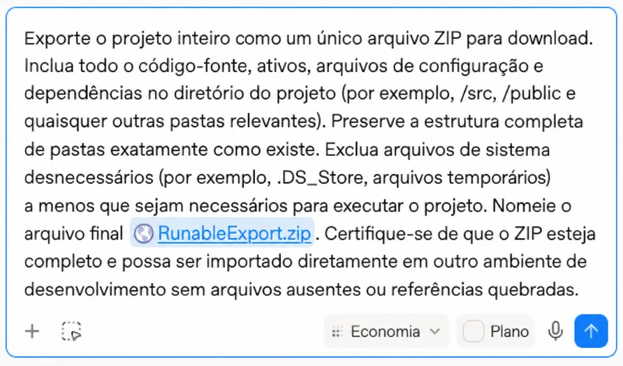 O prompt de exportação colado no chat da plataforma