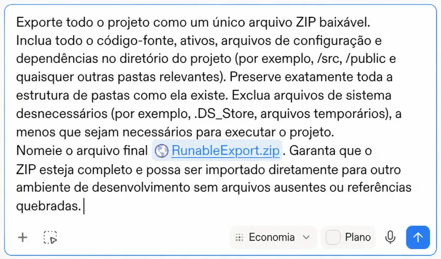 O prompt de exportação colado no chat da plataforma