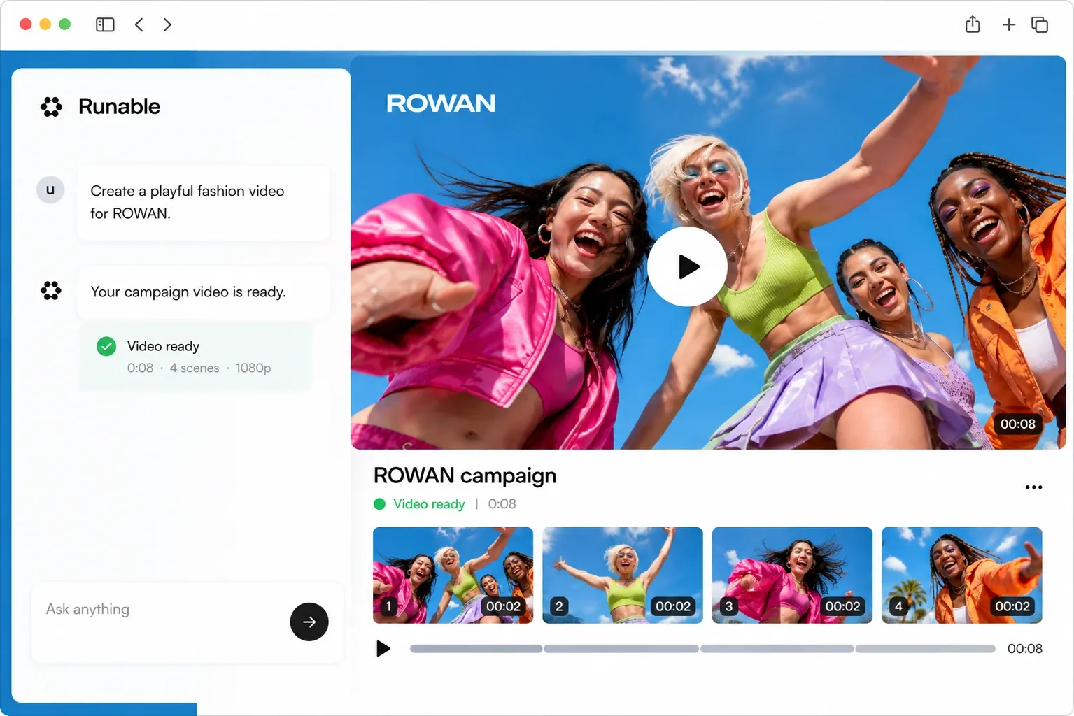 Runable video and AI prompt interface on desktop