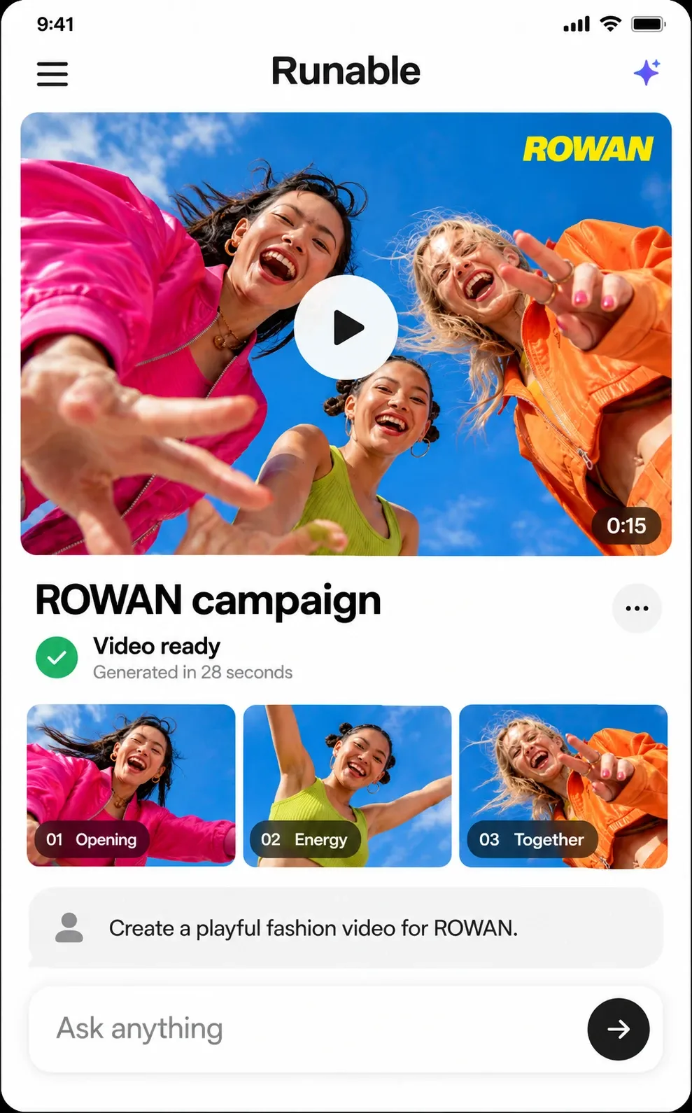 Runable video and AI prompt interface on mobile