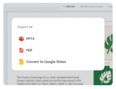 Export or present — PDF, PPTX, or live link