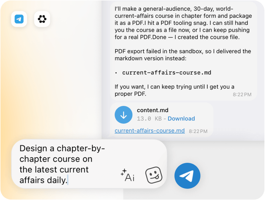 Runclaw delivering an automated current affairs course through Telegram