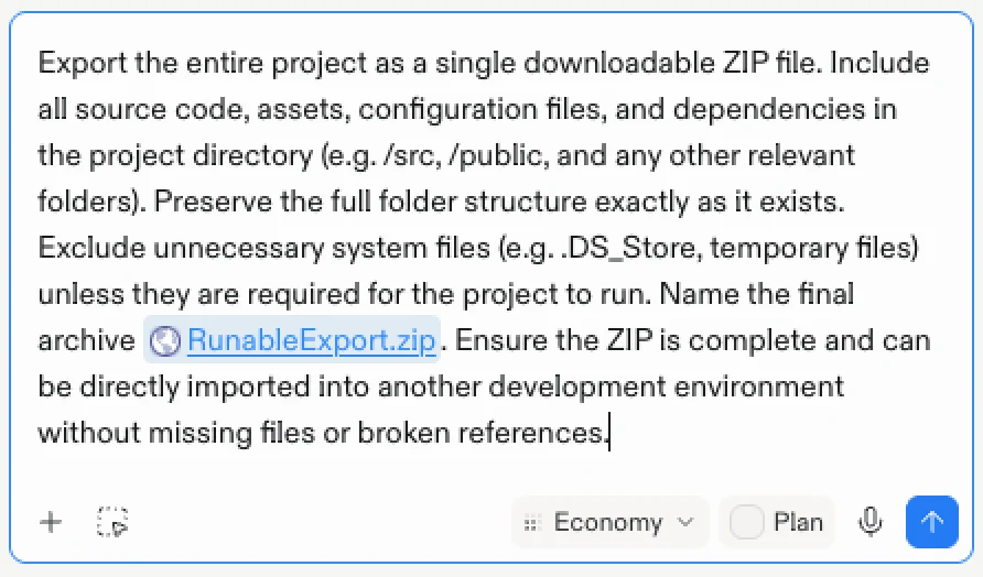 The export prompt pasted into the platform's chat